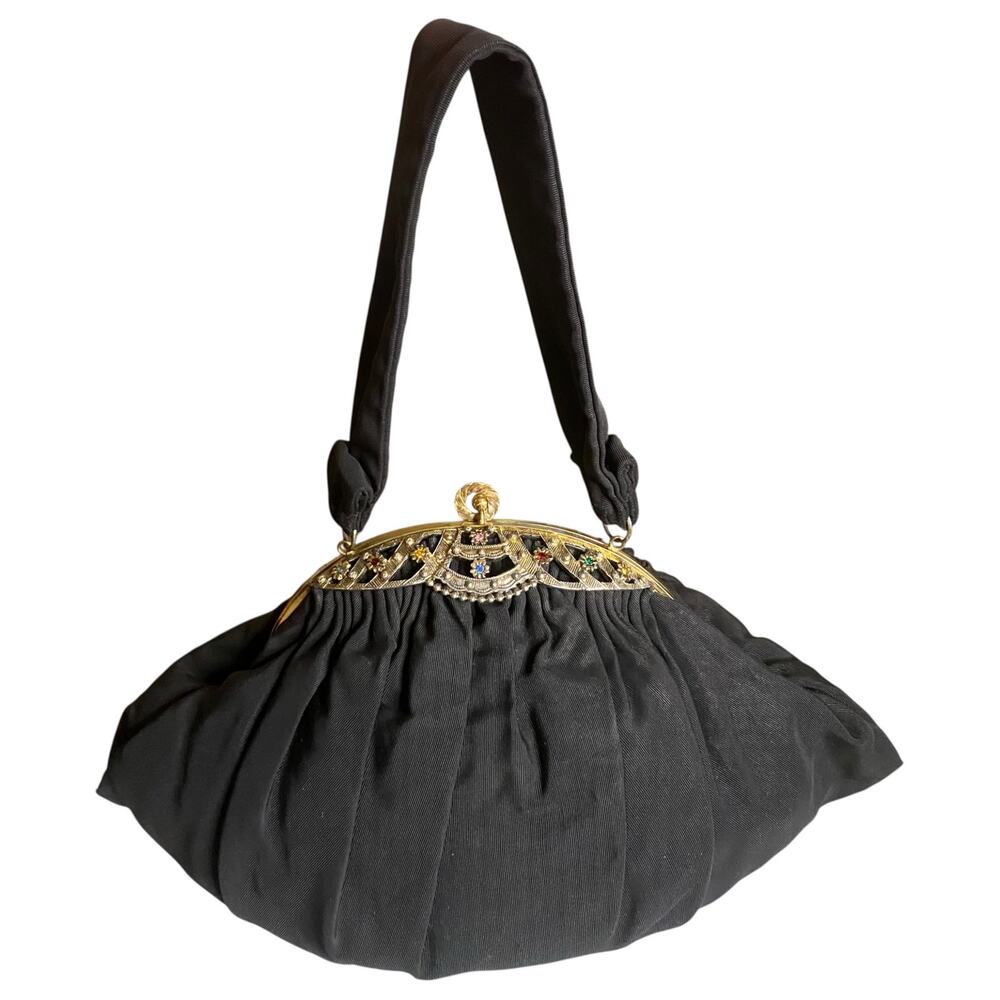 Vintage Guild Creations Black Cloth Handbag w/ Colorful Rhinestones 1940s-1950s